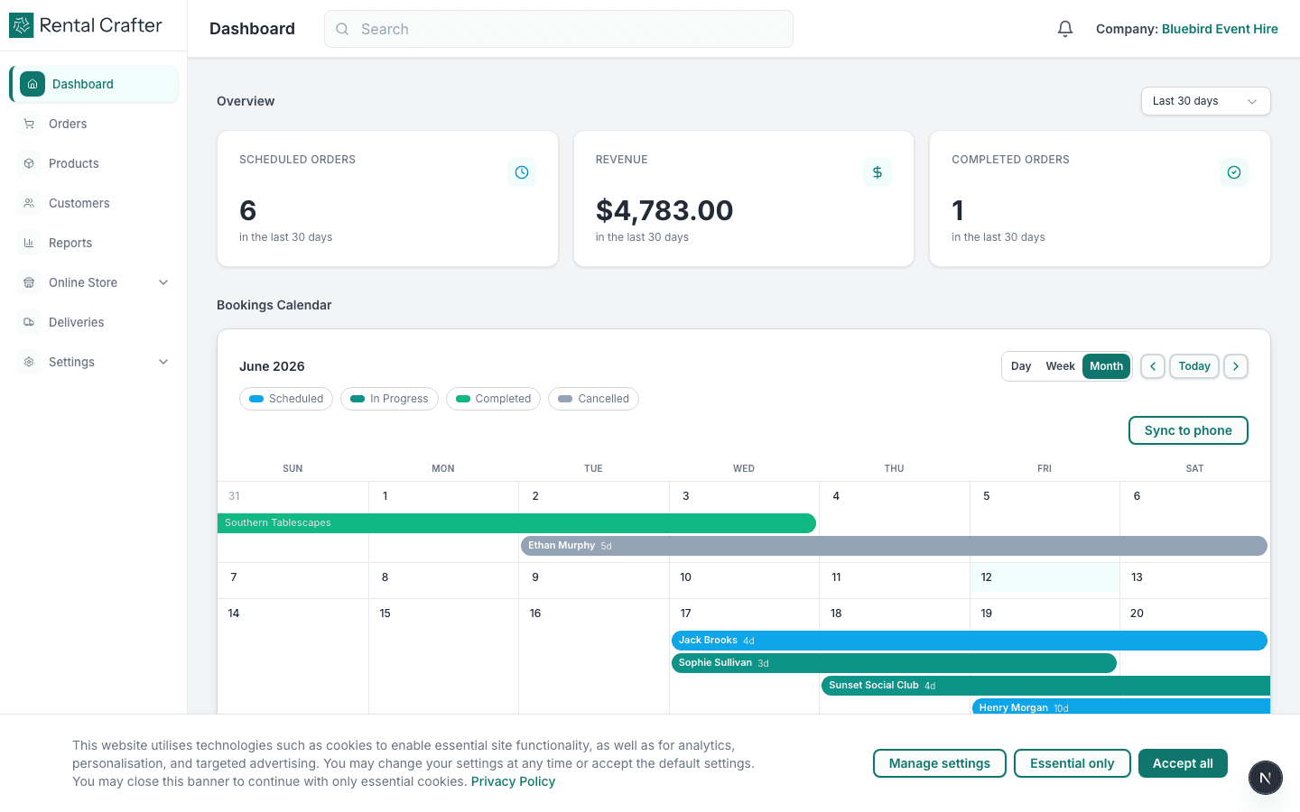 RentalCrafter dashboard home