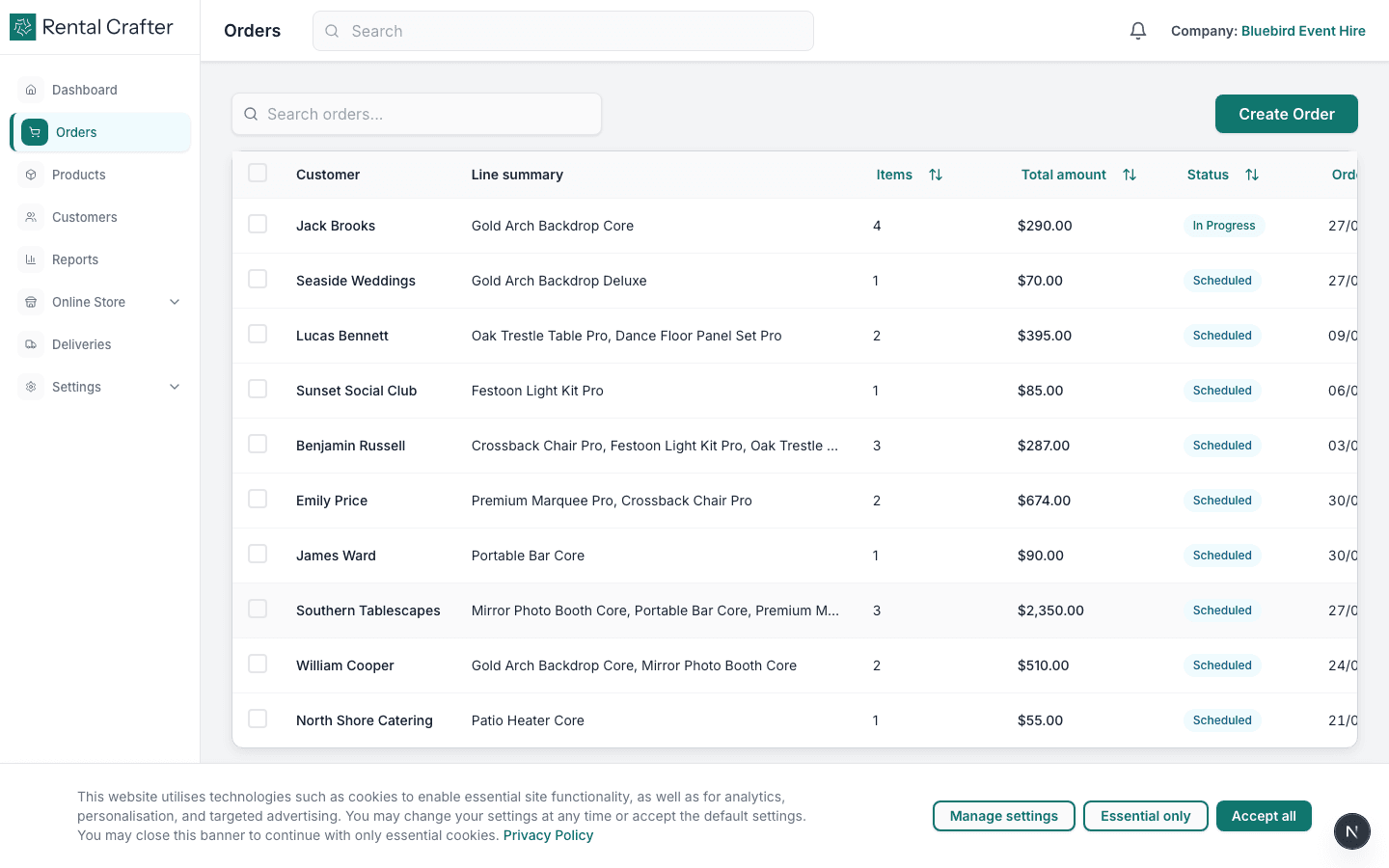 Orders list with workflow status