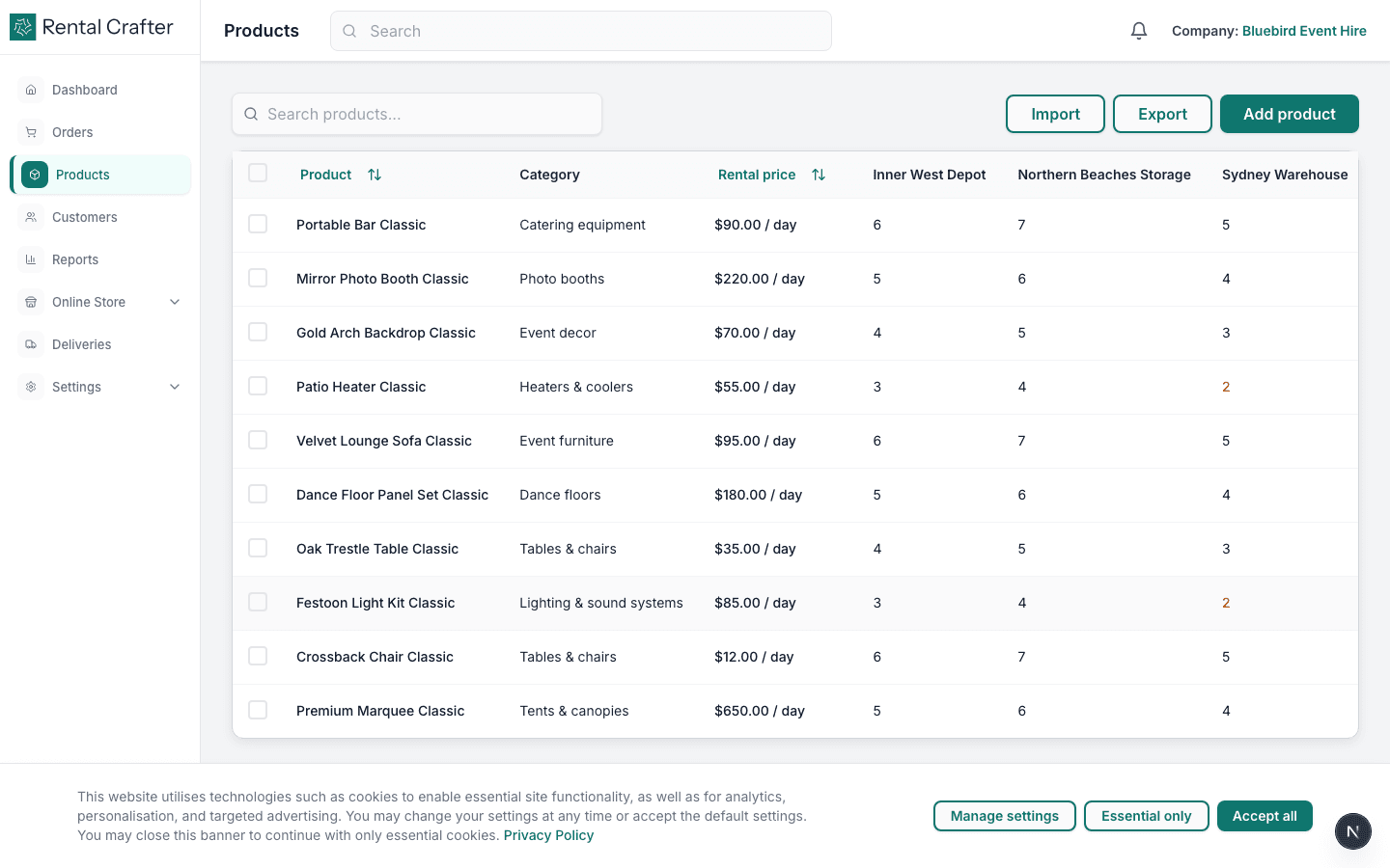Products list in the dashboard