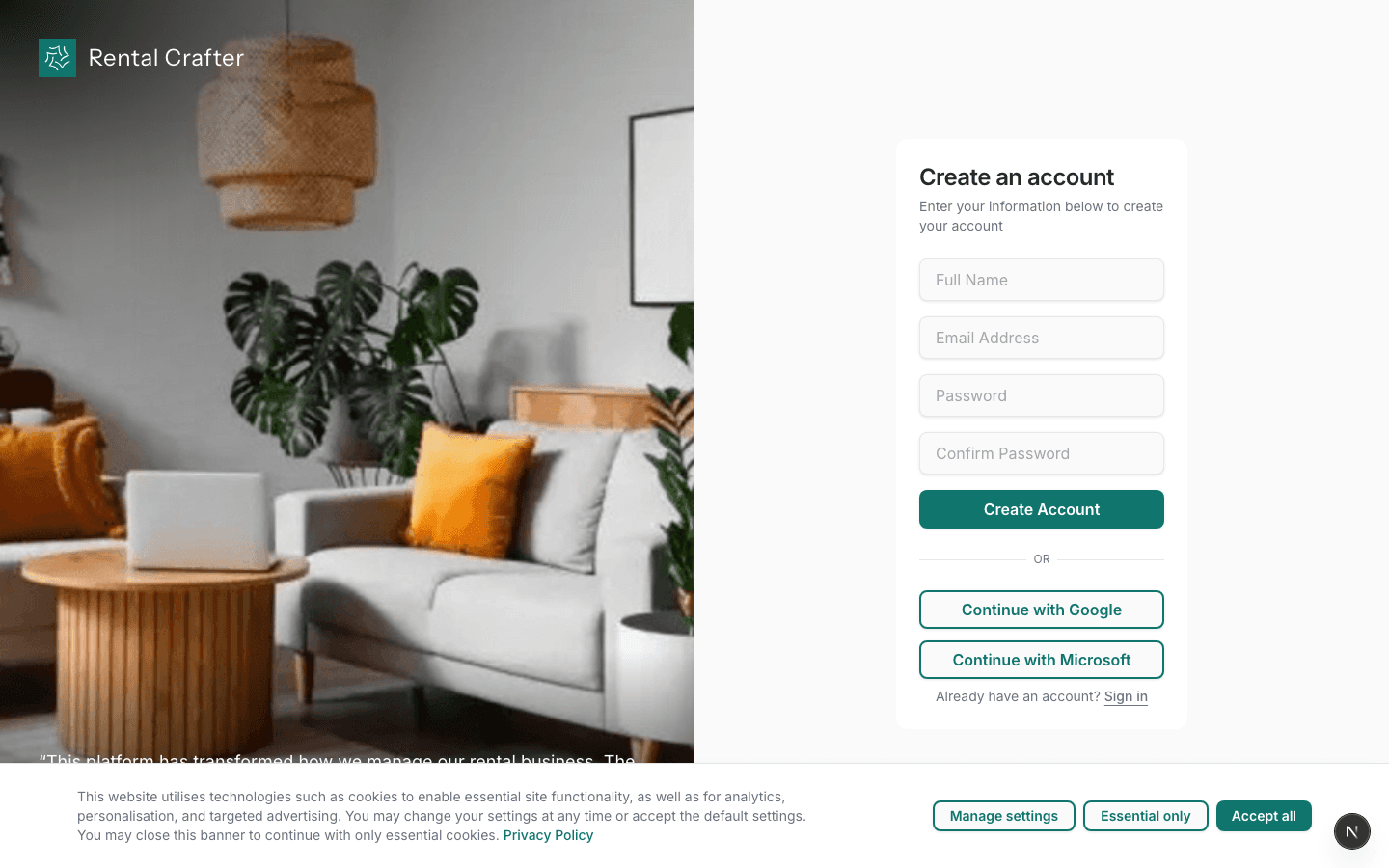 RentalCrafter registration form