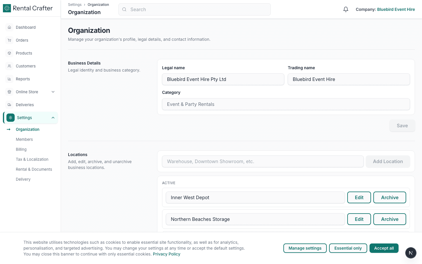 Organization profile settings
