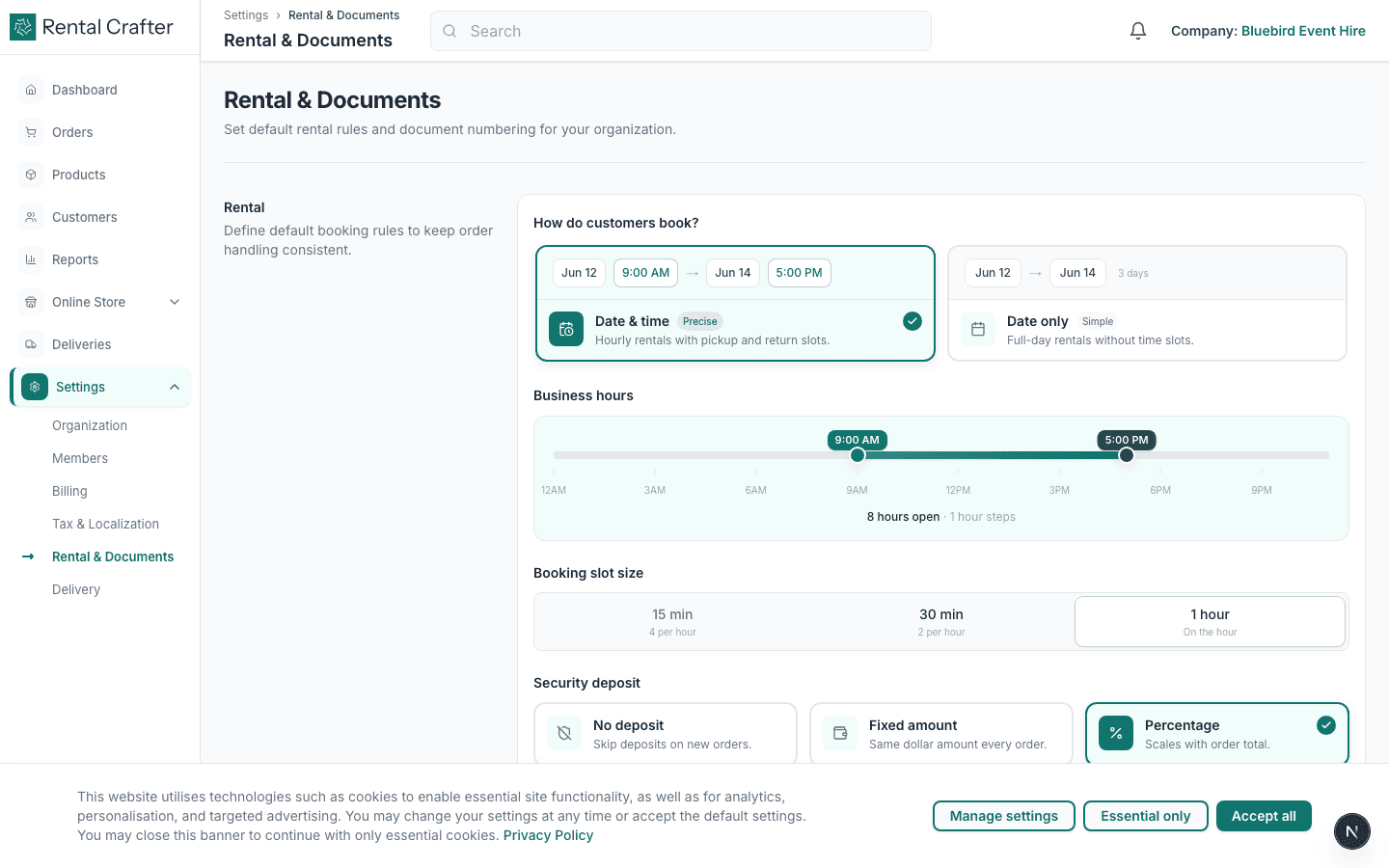 Rental terms settings