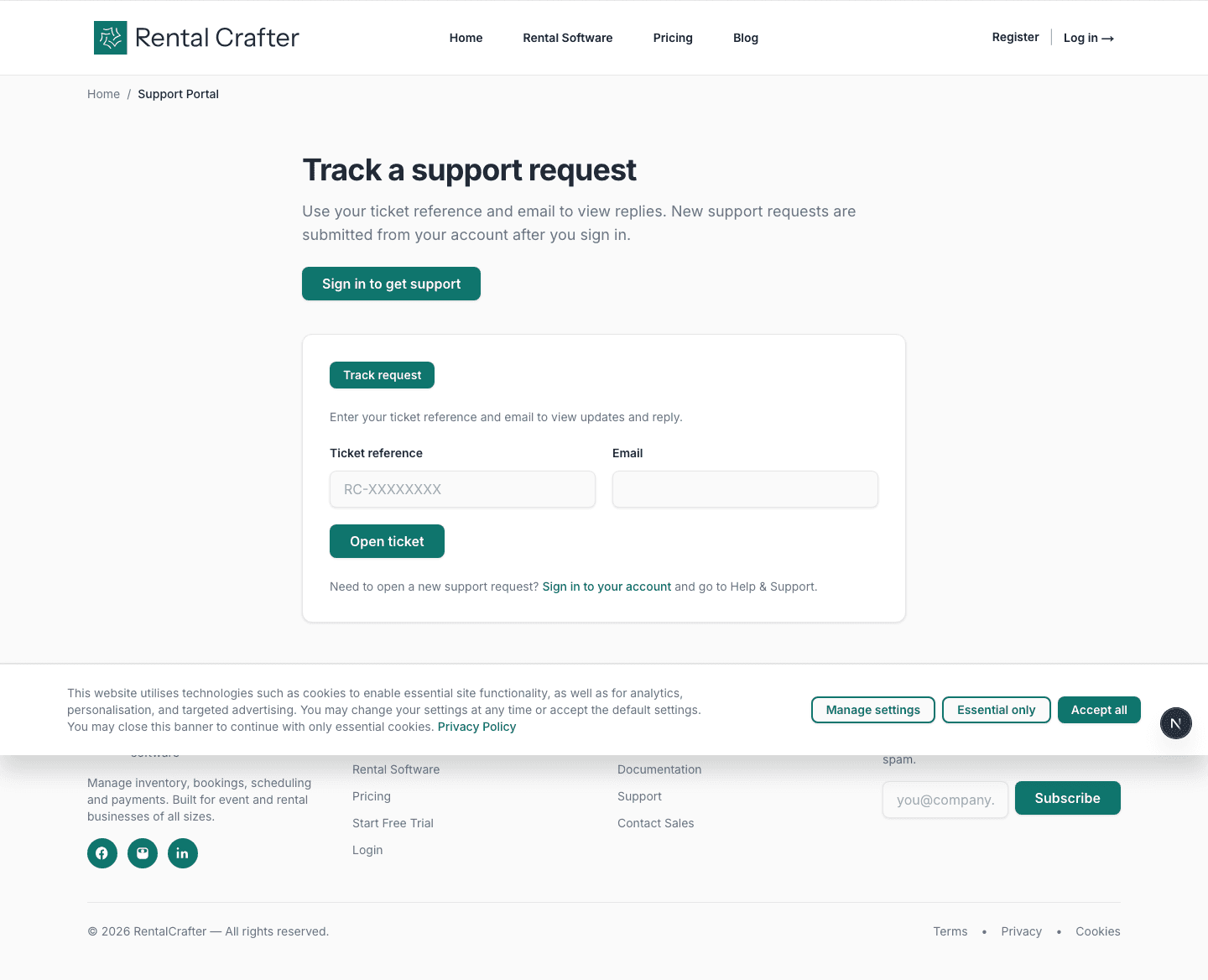 Support portal track page